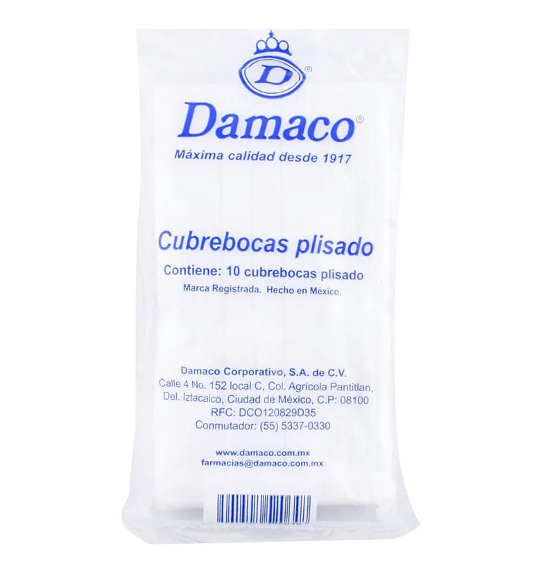 Cubrebocas Damaco Plisado 10 Piezas.