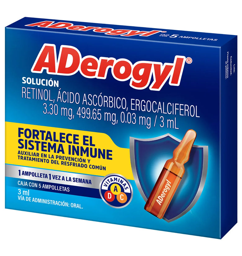 Aderogyl Vitaminas A, C Y D Fortalece El Sistema Inmune, 5 Ampolletas De 3 ml.